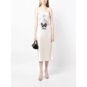 NWT Fleur Du Mal Marilyn Midi Slip Dress Small Silk Satin Graphic Print Ivory